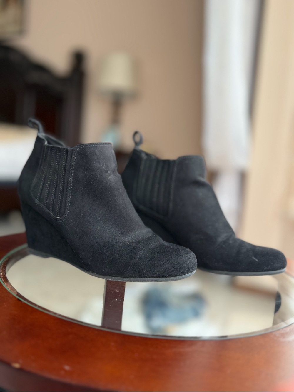 Black Suede Wedge Ankle Booties - Women's Stylish Chelsea Boot
